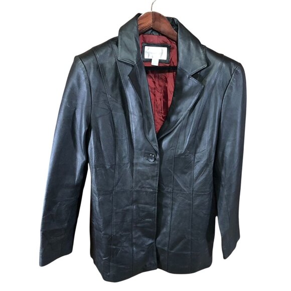 Worthington Womens Moto Blazer Leather Jacket Large Black Three-Button Collared - Picture 1 of 16